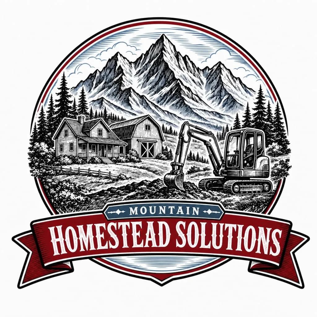 Mountain Homestead Solutions LLC crest logo featuring a mountain homestead and mini excavator